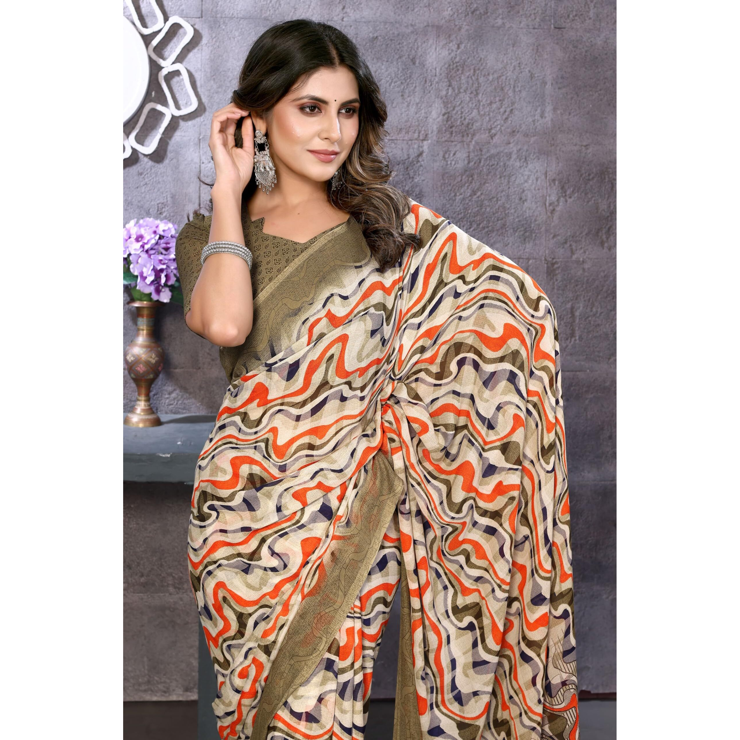 Yashika Women's Trendy Georgette Brown Color Saree with Blouse Material(LAVYA BROWN)