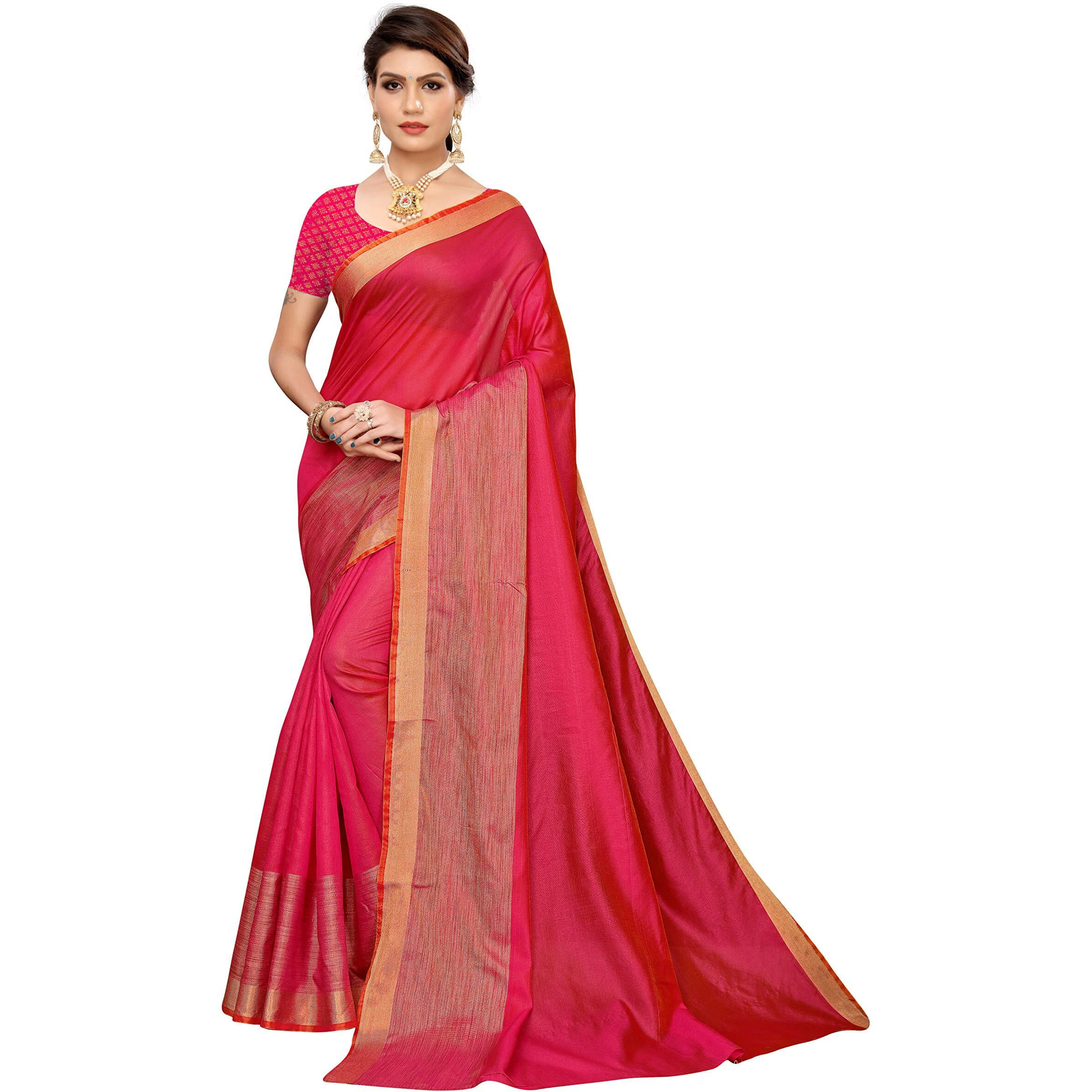 Yashika Women's Plain Weave Cotton Blend Saree With Attached Blouse (Sdpl-Chandrayaan Pink_Pink_Fs_Pink)