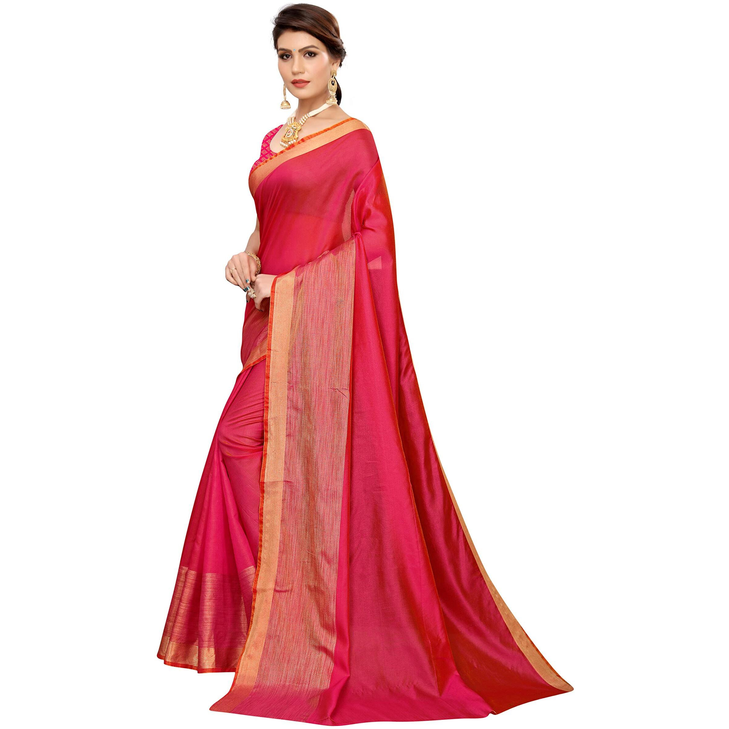 Yashika Women's Plain Weave Cotton Blend Saree With Attached Blouse (Sdpl-Chandrayaan Pink_Pink_Fs_Pink)