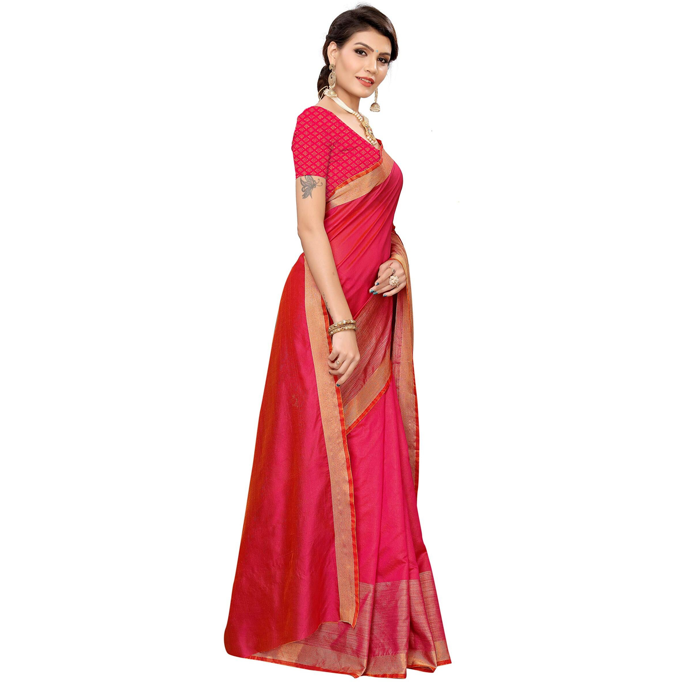 Yashika Women's Plain Weave Cotton Blend Saree With Attached Blouse (Sdpl-Chandrayaan Pink_Pink_Fs_Pink)