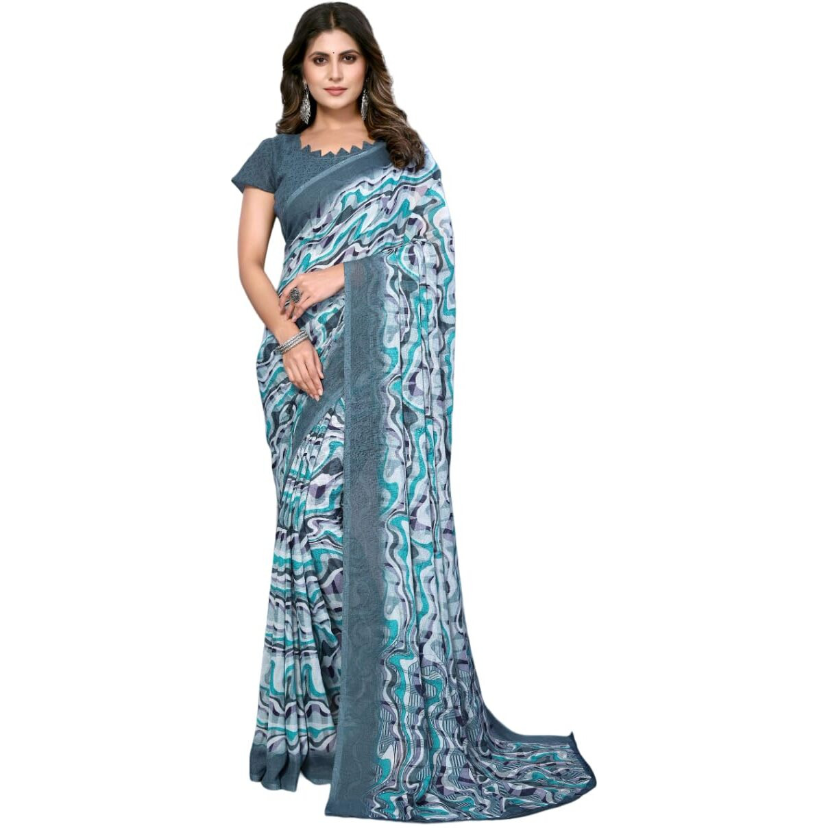 Yashika Women's Trendy Georgette Sky Blue Color Saree with Blouse Material(LAVYA SKY BLUE)