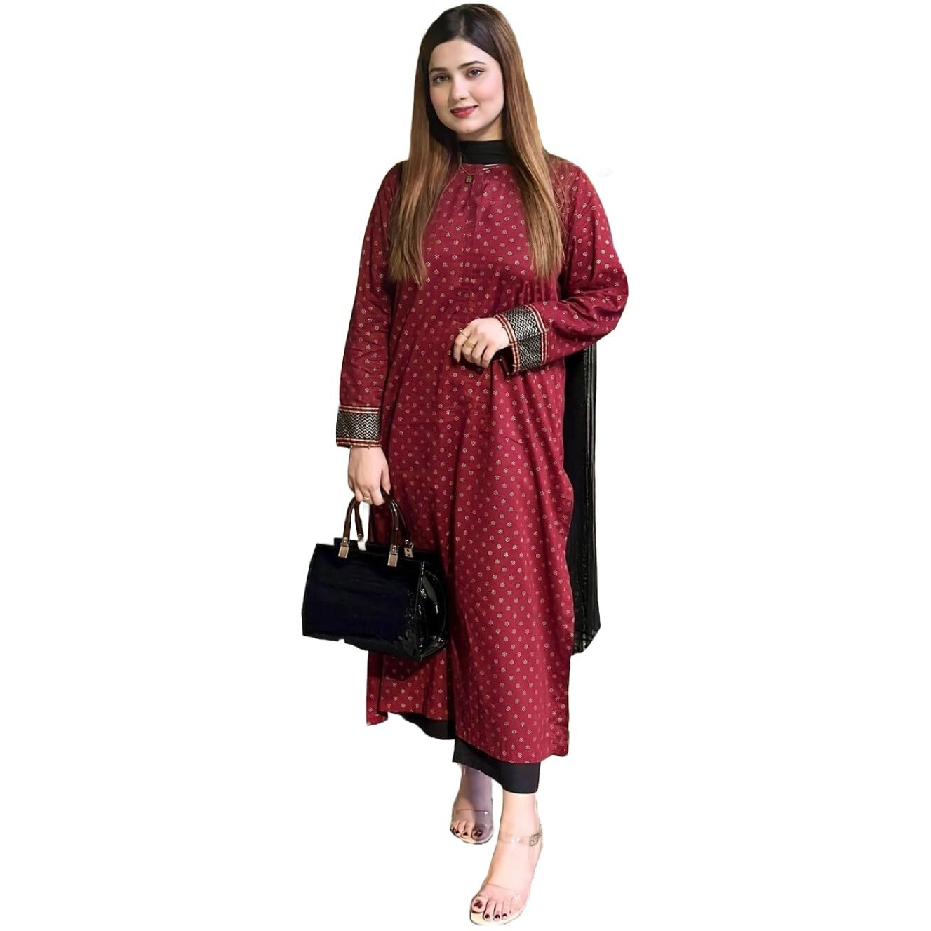 ANNI DESIGNER Women's Rayon Blend Straight Printed Kurta with Palazzo & Dupatta (DEBASHREE Maroon_M_Maroon_Medium)