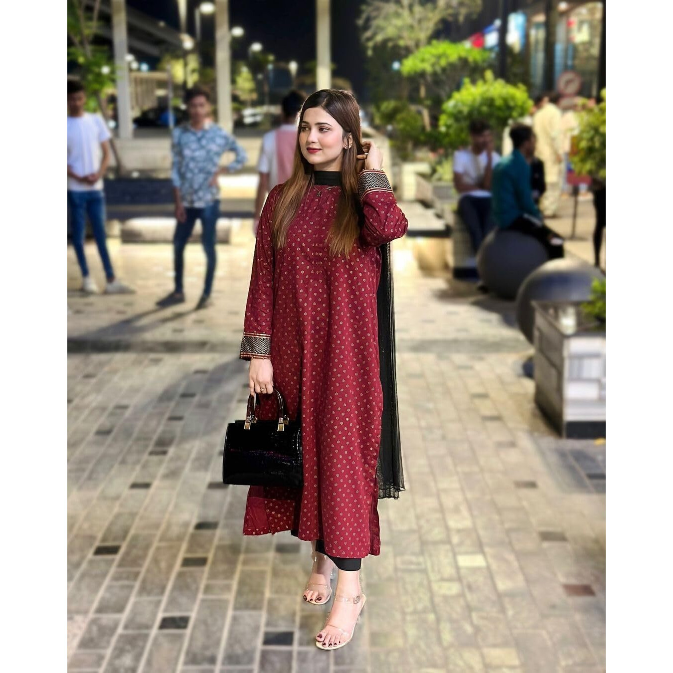 ANNI DESIGNER Women's Rayon Blend Straight Printed Kurta with Palazzo & Dupatta (DEBASHREE Maroon_M_Maroon_Medium)