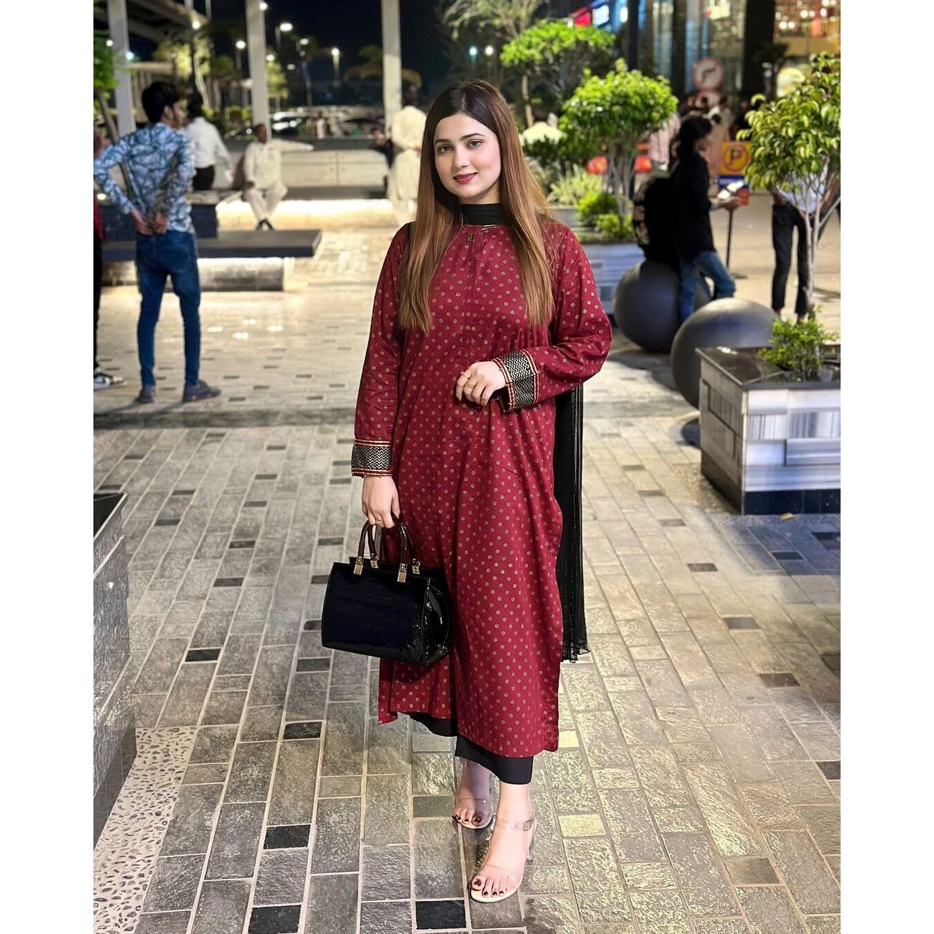 ANNI DESIGNER Women's Rayon Blend Straight Printed Kurta with Palazzo & Dupatta (DEBASHREE Maroon_M_Maroon_Medium)