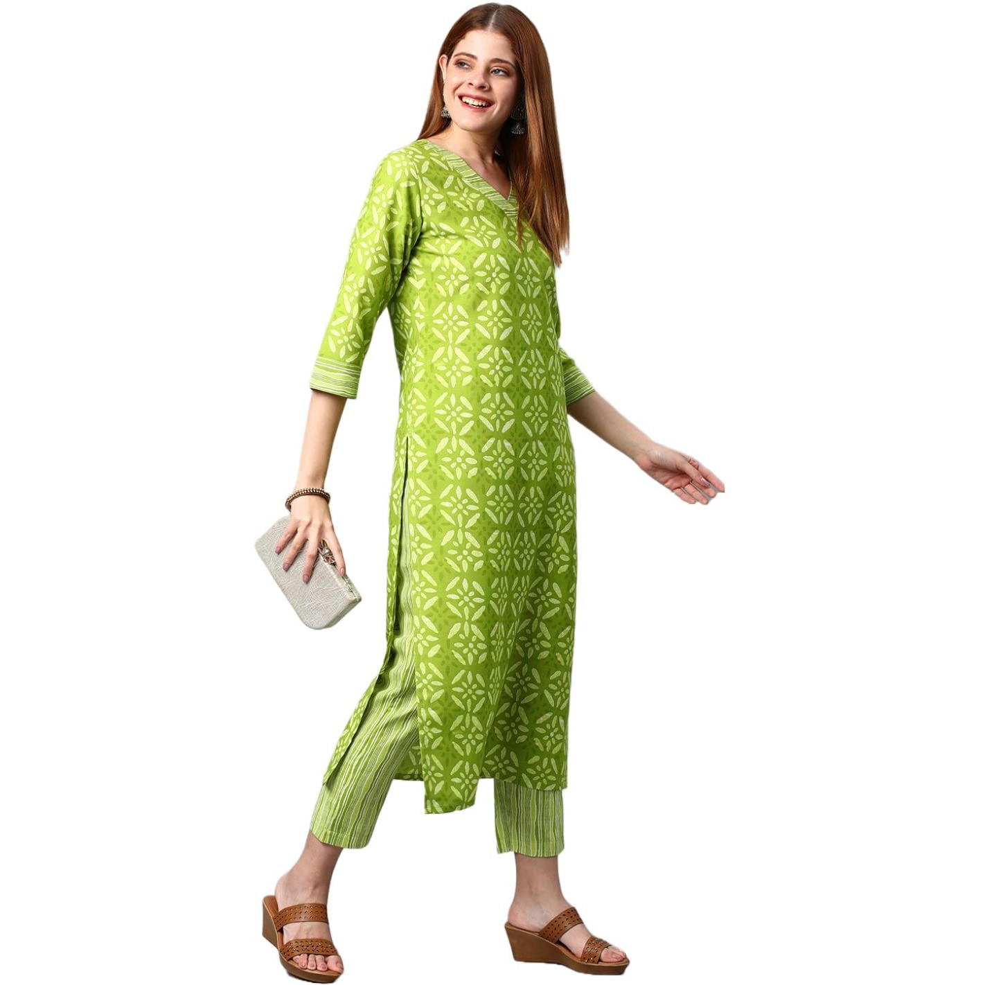 ANNI DESIGNER Women's Cotton Blend Traditional Straight Printed Kurta and Pant Set (Sixty Parrot-Nw_S_Green_Small)