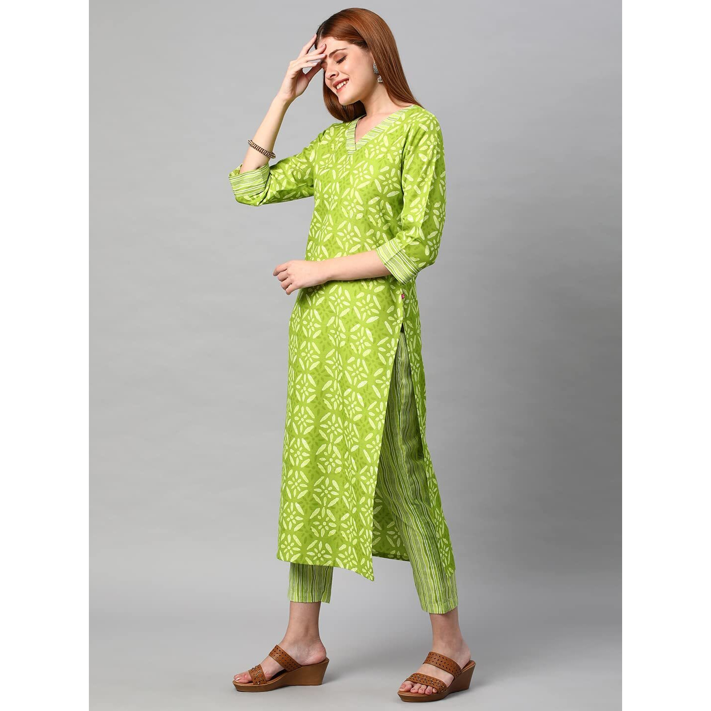 ANNI DESIGNER Women's Cotton Blend Traditional Straight Printed Kurta and Pant Set (Sixty Parrot-Nw_S_Green_Small)
