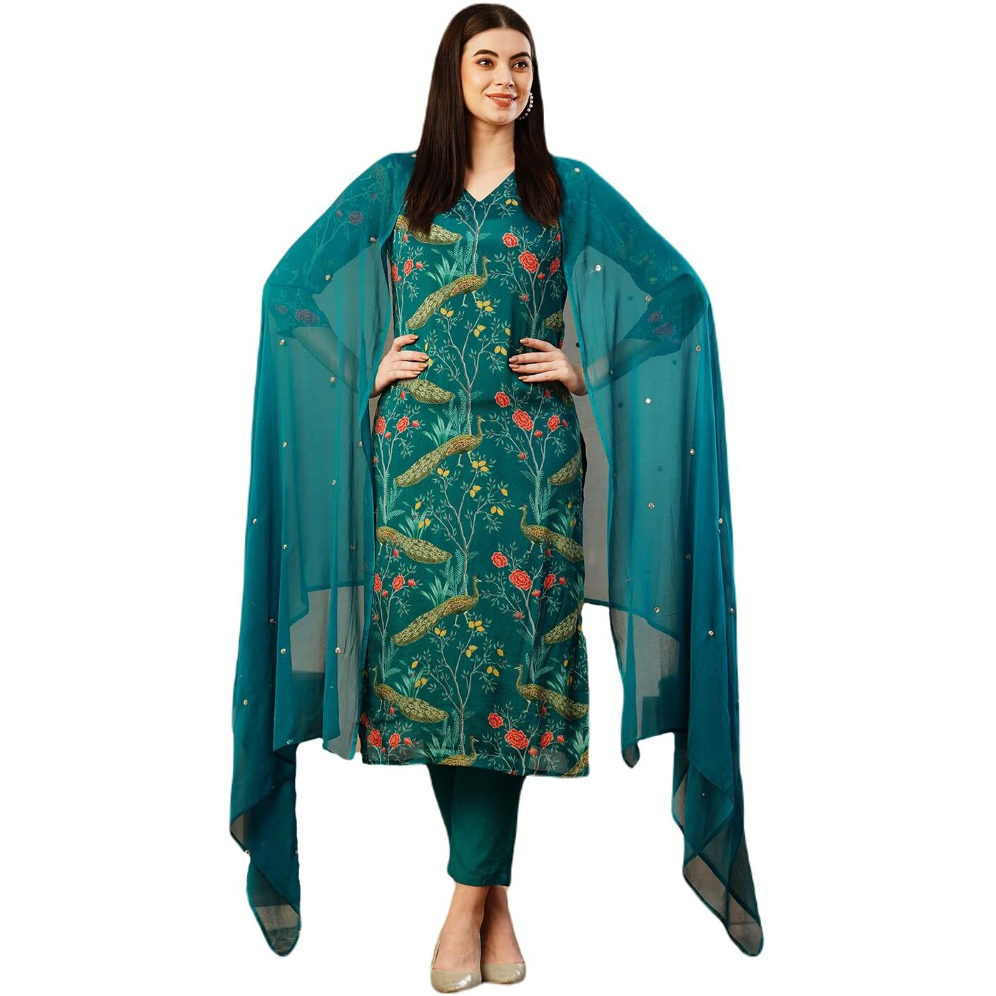 ANNI DESIGNER Women's Cotton Blend Straight Printed Kurta with Pant & Dupatta (GETO RAMA-NFB_S_Green_Small)