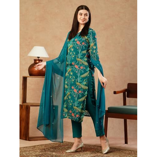 ANNI DESIGNER Women's Cotton Blend Straight Printed Kurta with Pant & Dupatta (GETO RAMA-NFB_S_Green_Small)