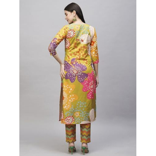 ANNI DESIGNER Women's Cotton Blend Straight Fit Printed Kurta with Pant (Wahida Yellow_XL_Yellow_X-Large)