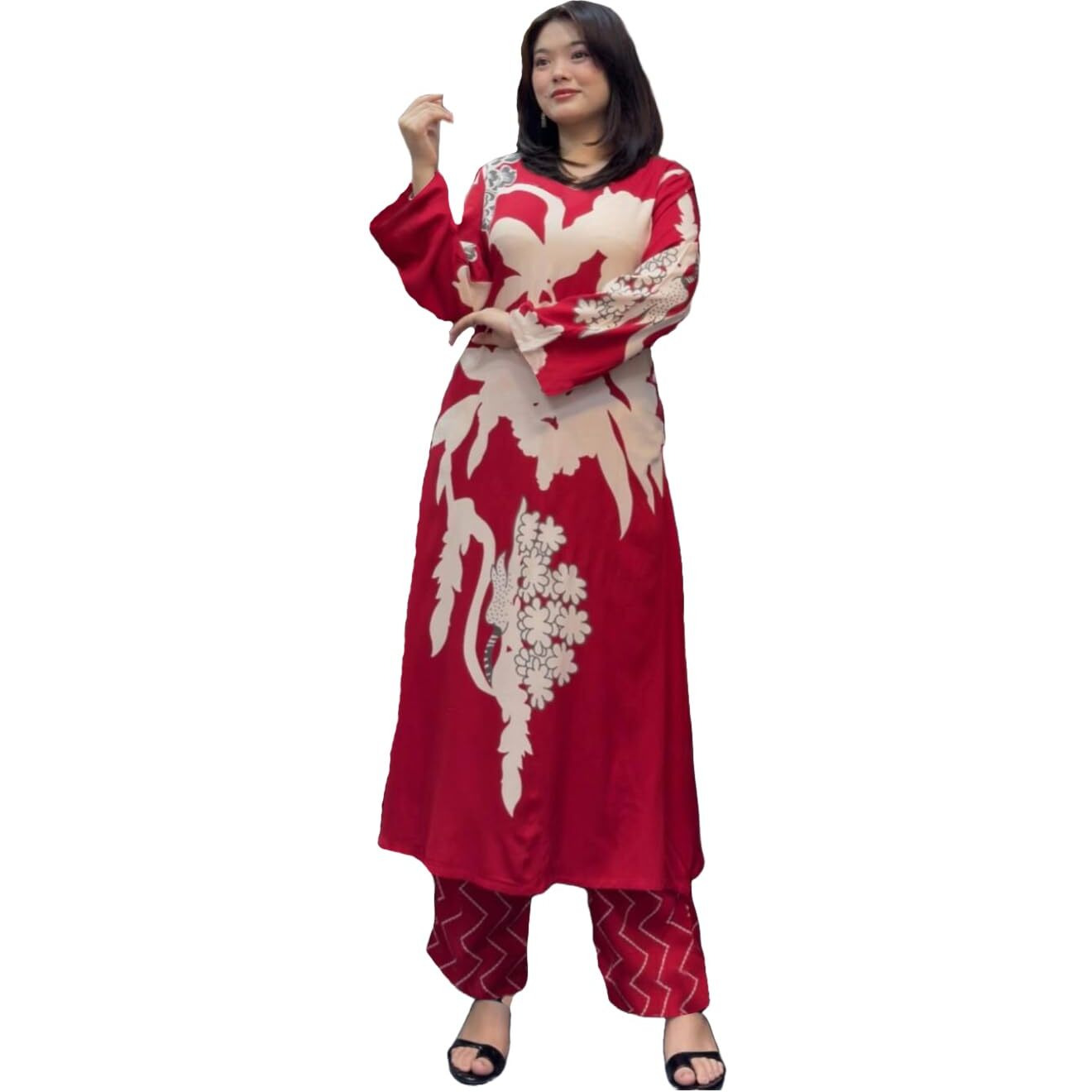 ANNI DESIGNER Women's Cotton Blend Straight Printed Kurta with Palazzo (Cukari Red_S_Red_Small)