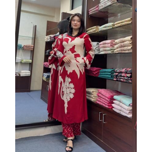 ANNI DESIGNER Women's Cotton Blend Straight Printed Kurta with Palazzo (Cukari Red_S_Red_Small)