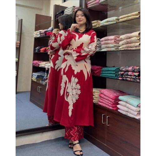 ANNI DESIGNER Women's Cotton Blend Straight Printed Kurta with Palazzo (Cukari Red_S_Red_Small)