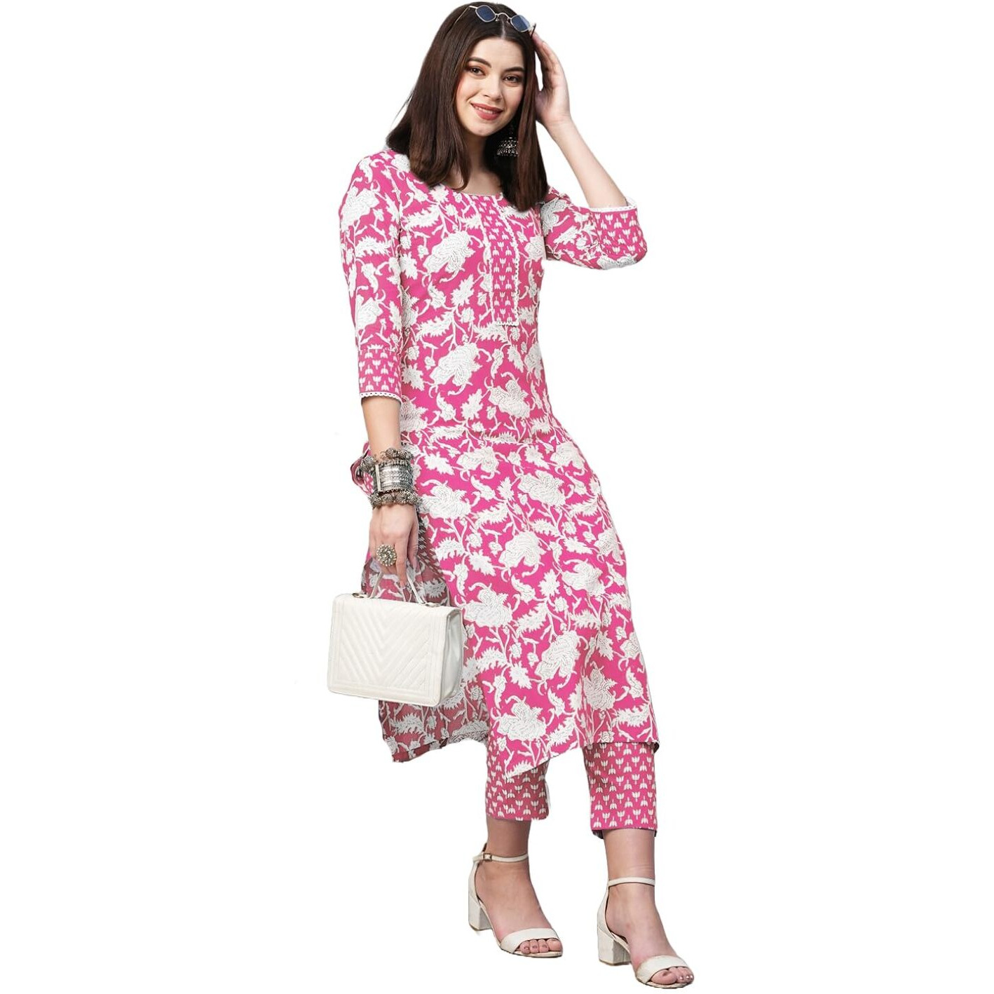 ANNI DESIGNER Women's Cotton Blend Printed Straight Kurta with Pant (Pustak Baby Pink_L_Black_Large)