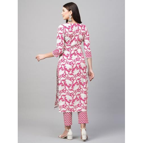 ANNI DESIGNER Women's Cotton Blend Printed Straight Kurta with Pant (Pustak Baby Pink_L_Black_Large)