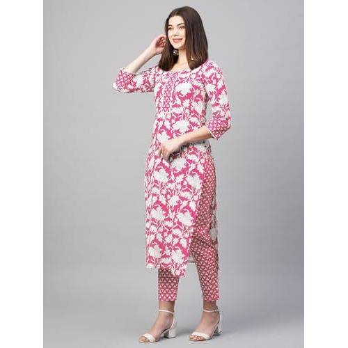 ANNI DESIGNER Women's Cotton Blend Printed Straight Kurta with Pant (Pustak Baby Pink_L_Black_Large)