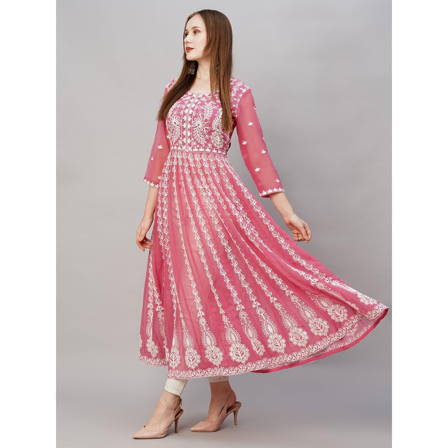 ANNI DESIGNER Women's Georgette Chikankari Embroidered Anarkali Kurti (Kari Wine-KDS_S_Wine_Small)