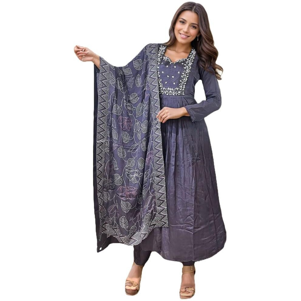 ANNI DESIGNER Women's Rayon Blend Anarkali Embroidered Kurta with Pant & Dupatta (ANANDHI Purple_M_Purple_Medium)