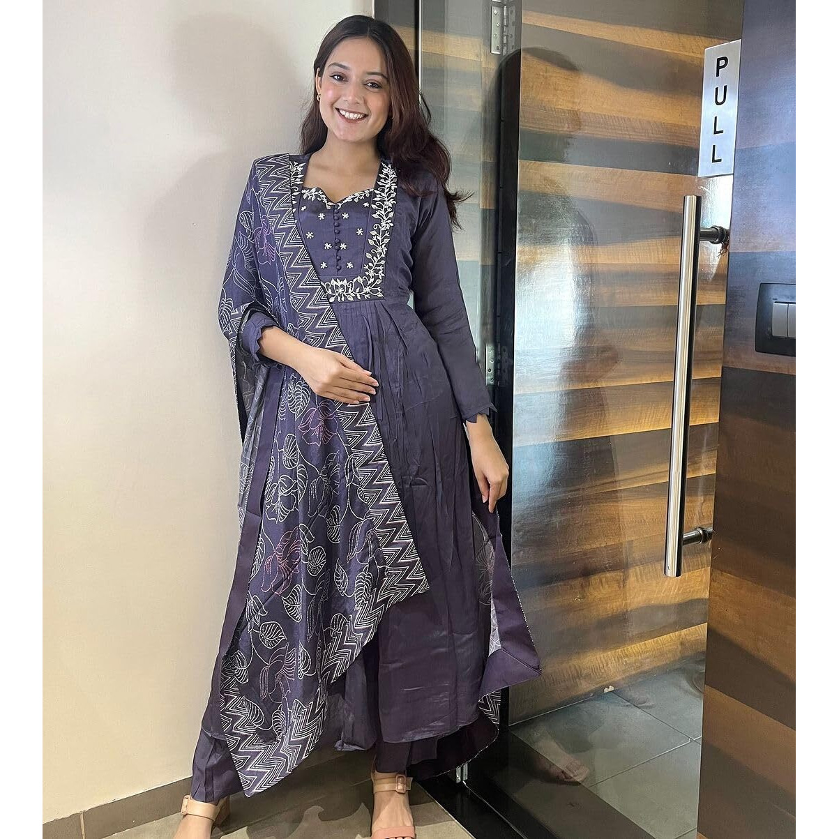 ANNI DESIGNER Women's Rayon Blend Anarkali Embroidered Kurta with Pant & Dupatta (ANANDHI Purple_M_Purple_Medium)