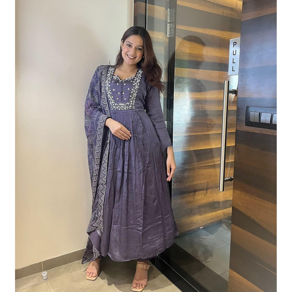 ANNI DESIGNER Women's Rayon Blend Anarkali Embroidered Kurta with Pant & Dupatta (ANANDHI Purple_M_Purple_Medium)