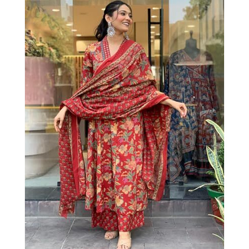 ANNI DESIGNER Women's Rayon Blend Anarkali Printed Kurta with Palazzo & Dupatta (CIA RED-VKS01_XXL_Red_XX-Large)
