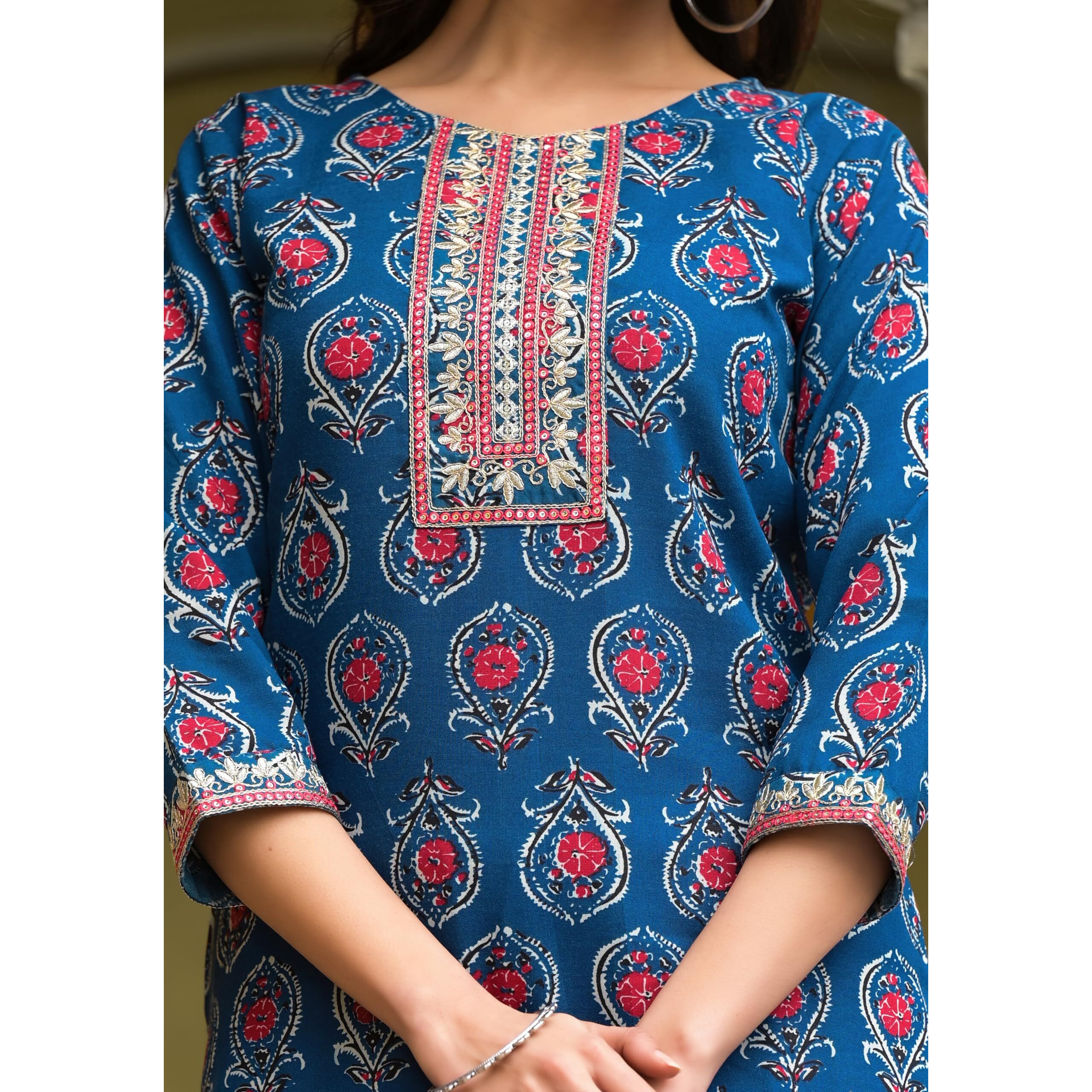 KLOSIA Women Straight Printed Kurta and Pant Set with Dupatta | Ethnic Set | Dupatta Set | Suit Set | Kurta Set | Wedding Suit | (Large) Aqua Blue