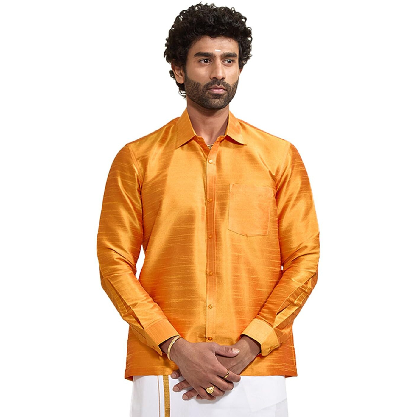 VASTRAMAY Men Orange Cotton Silk Ethnic Shirt (VASMSH002OR_40)