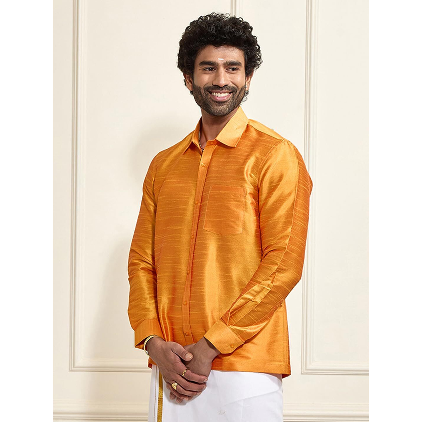 VASTRAMAY Men Orange Cotton Silk Ethnic Shirt (VASMSH002OR_40)