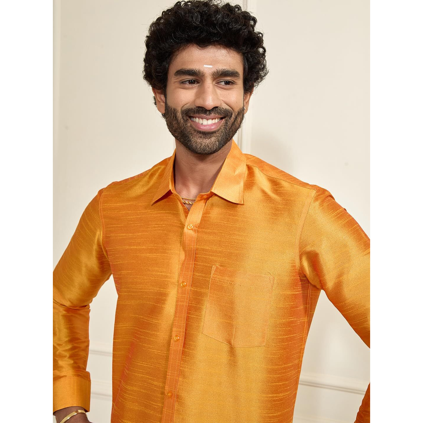 VASTRAMAY Men Orange Cotton Silk Ethnic Shirt (VASMSH002OR_40)