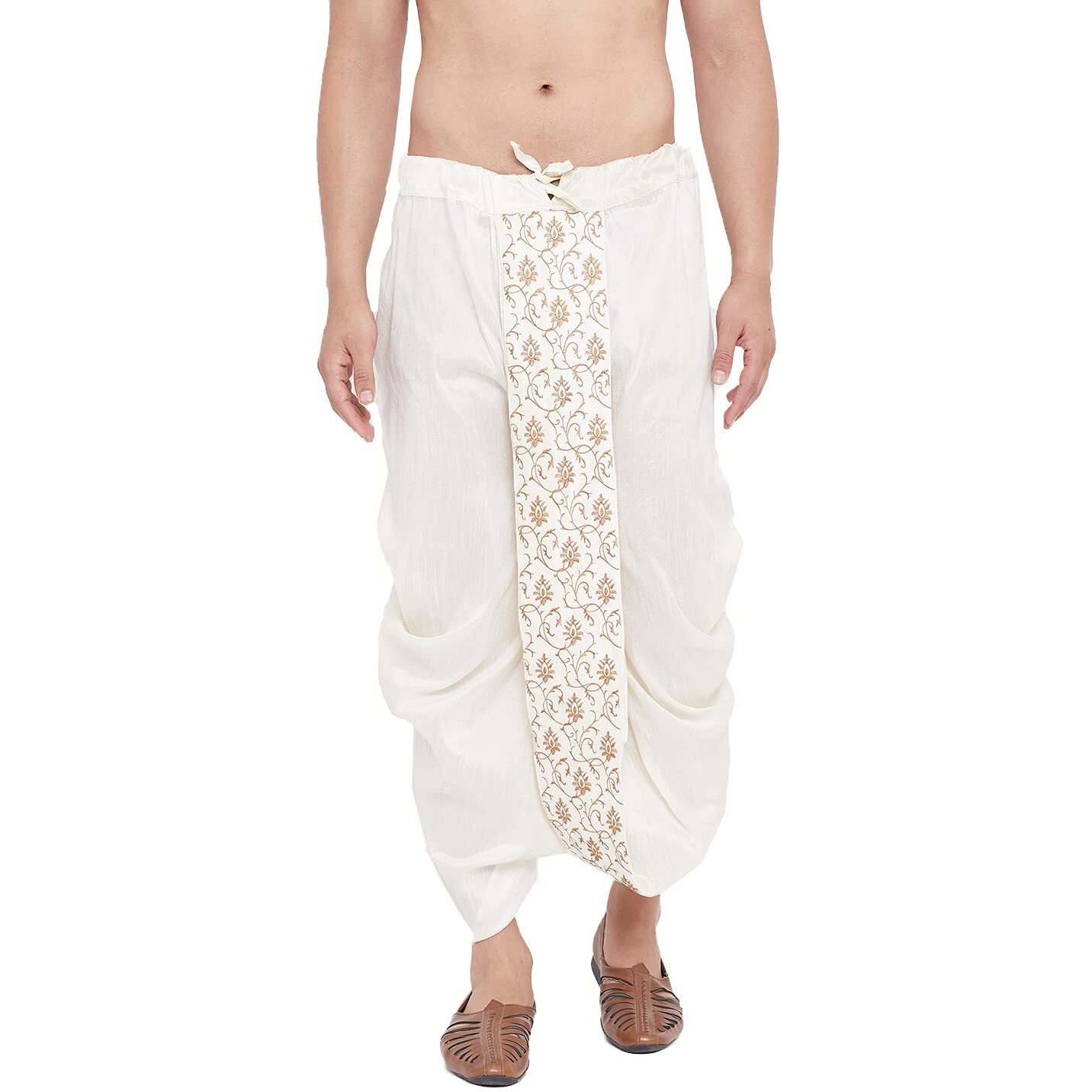 VASTRAMAY Men's Cream Silk Blend Readymade Embroidered Dhoti  Traditional Style Ready-to-Wear Dhoti with Intricate Golden Embroidery for Weddings, Festivals, and Formal Occasions