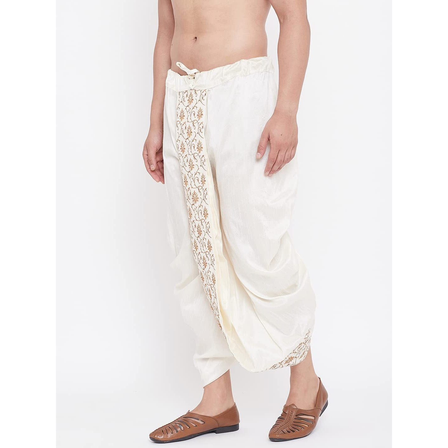 VASTRAMAY Men's Cream Silk Blend Readymade Embroidered Dhoti  Traditional Style Ready-to-Wear Dhoti with Intricate Golden Embroidery for Weddings, Festivals, and Formal Occasions