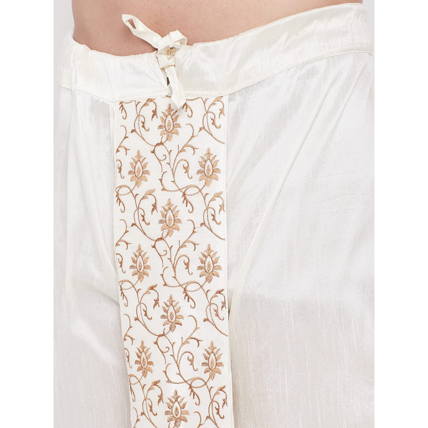 VASTRAMAY Men's Cream Silk Blend Readymade Embroidered Dhoti  Traditional Style Ready-to-Wear Dhoti with Intricate Golden Embroidery for Weddings, Festivals, and Formal Occasions