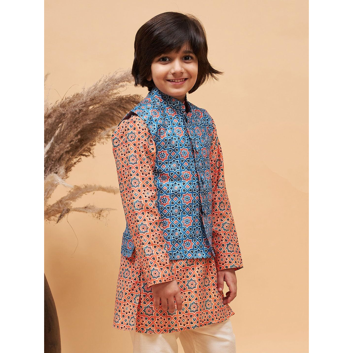 VASTRAMAY Boys' Blue Nehru Jacket | Classic & Elegant Sleeveless Moroccan Pattern Printed Silk Blend Jacket for boys - Navratri Special Traditional Ethnic Waistcoat - Perfect for Festivals, Weddings