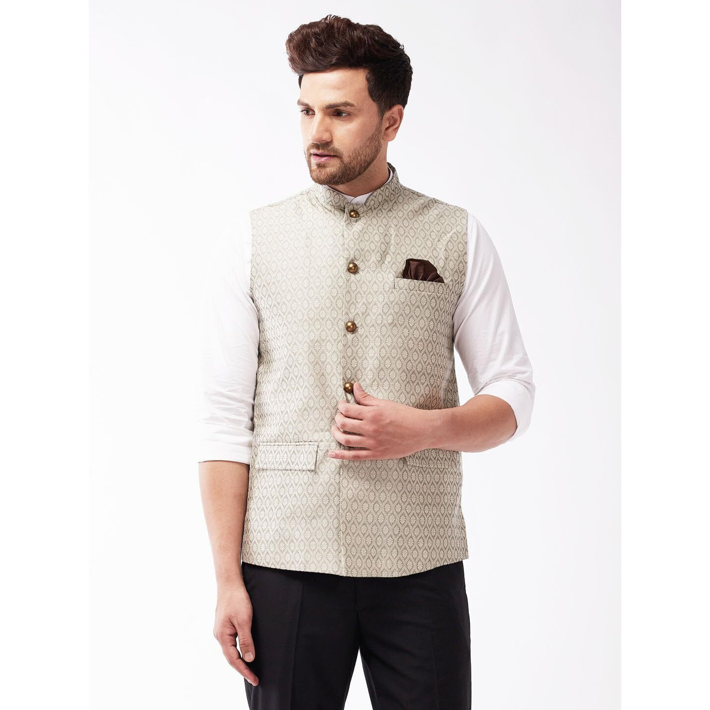 VASTRAMAY Men's Grey Silk Blend Nehru Jackets_VASMJ105BG_40