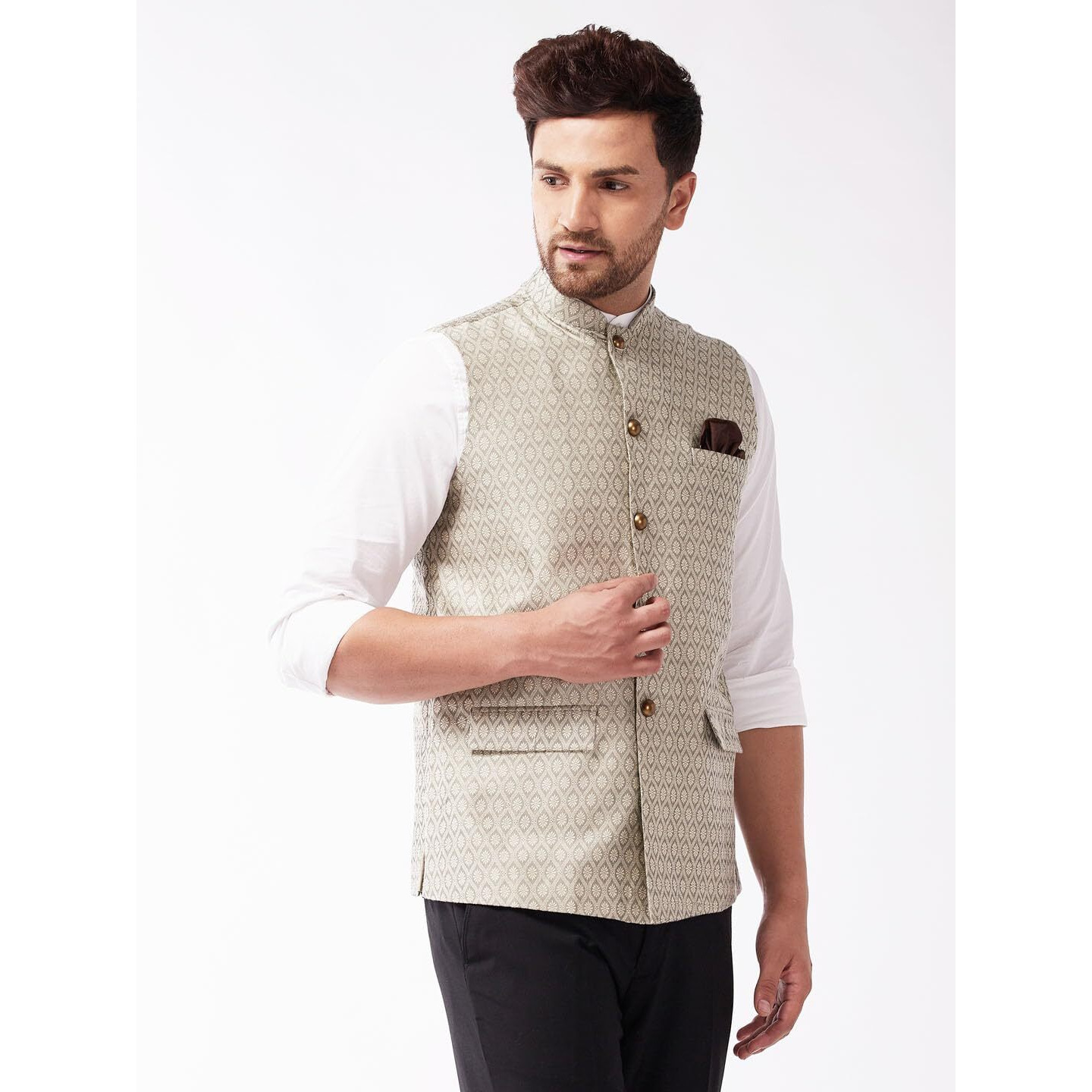 VASTRAMAY Men's Grey Silk Blend Nehru Jackets_VASMJ105BG_40