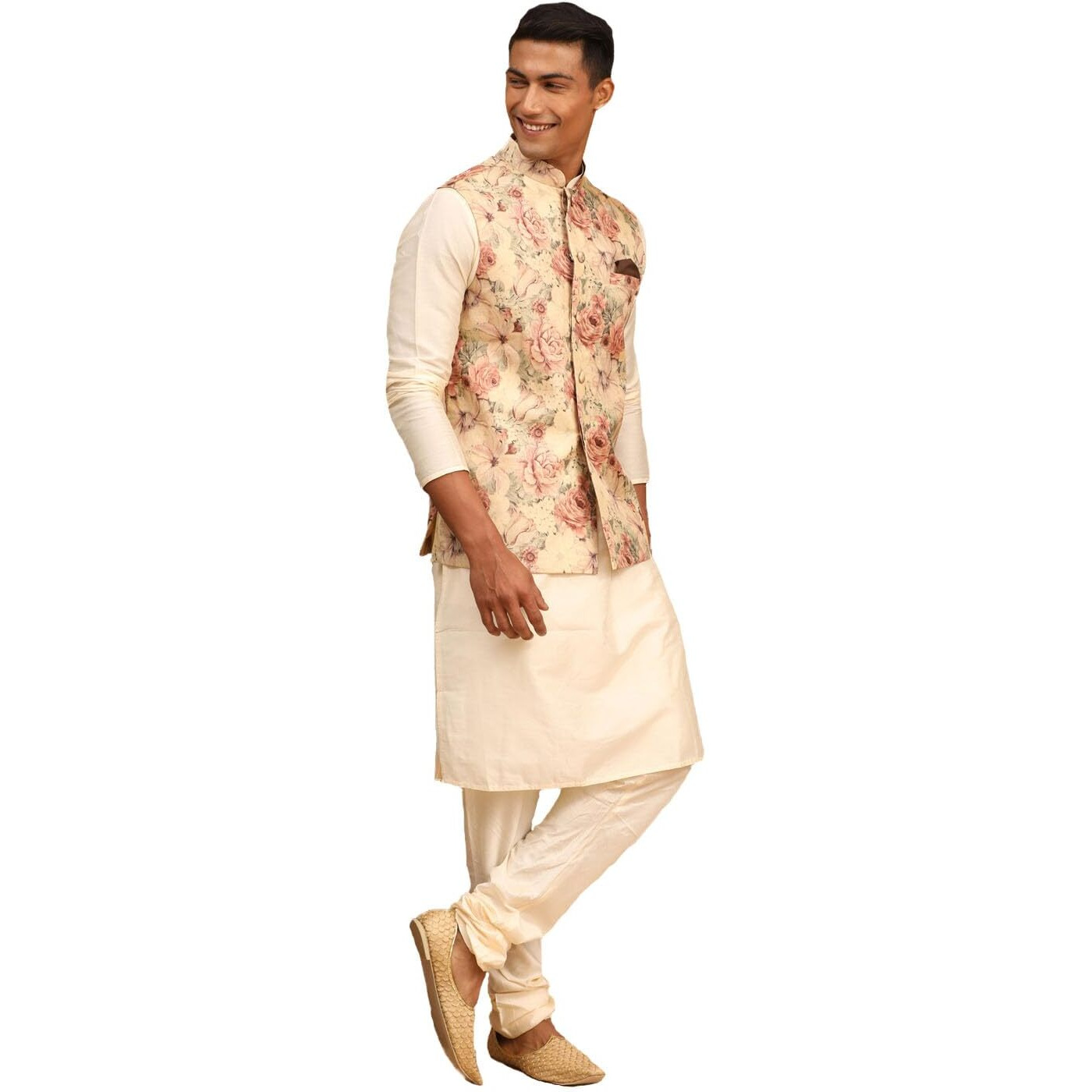 VASTRAMAY Classic Flower Print Silk Blend Printed Nehru Jacket with Kurta and Pant Style Pyjama  Elegant Ethnic Wear for Men