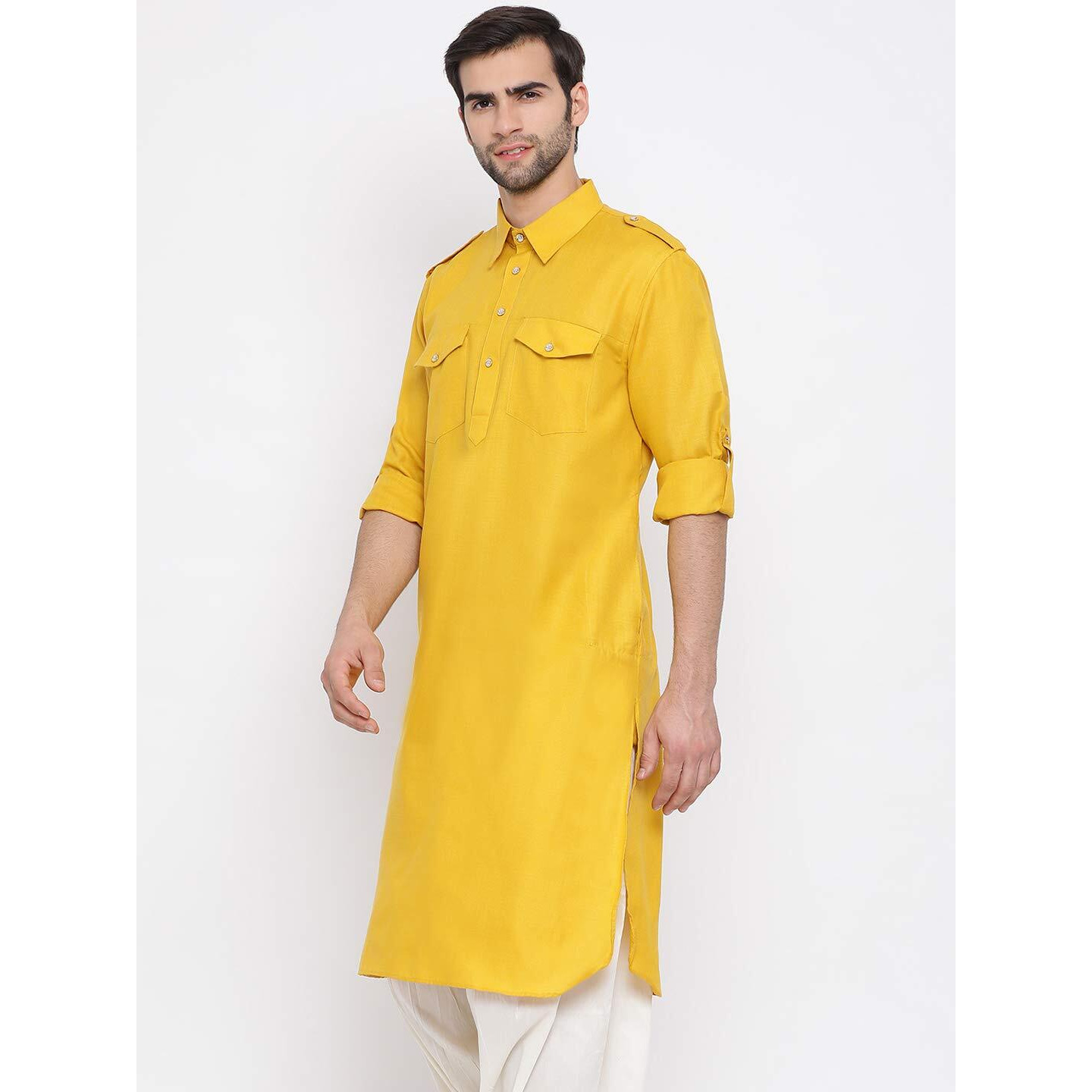 VASTRAMAY VM Mens Cotton Blend Mustard Kurta - Elegance for Festivals & Ethnic Events