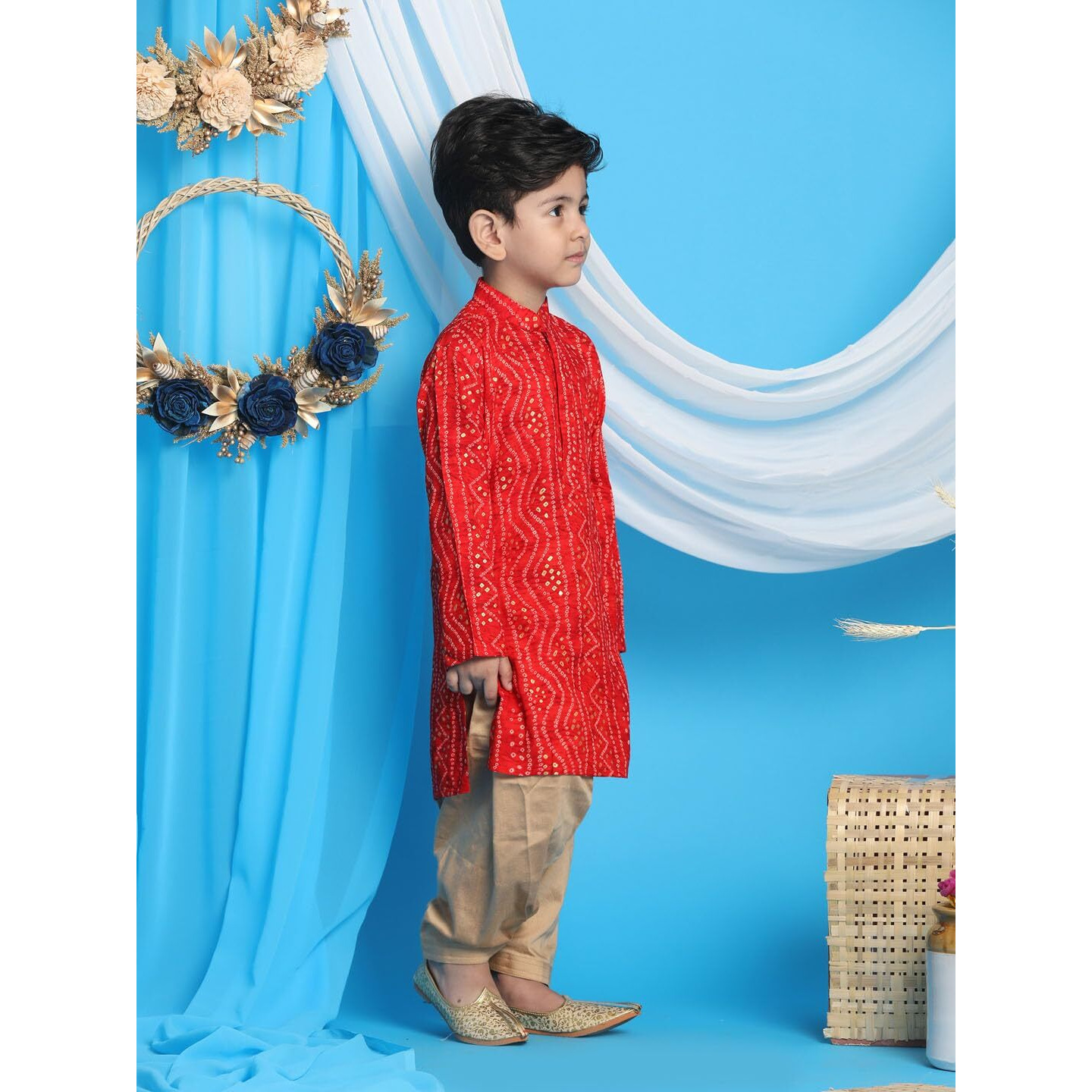 VASTRAMAY Boys' Maroon and Rose Gold Kurta Patiala Set | Gold Bandhani And Foil Print Rayon Kurta With Pyjama for Navratri, Diwali & Festive Celebrations - Stylish and Comfortable Indian Outfit