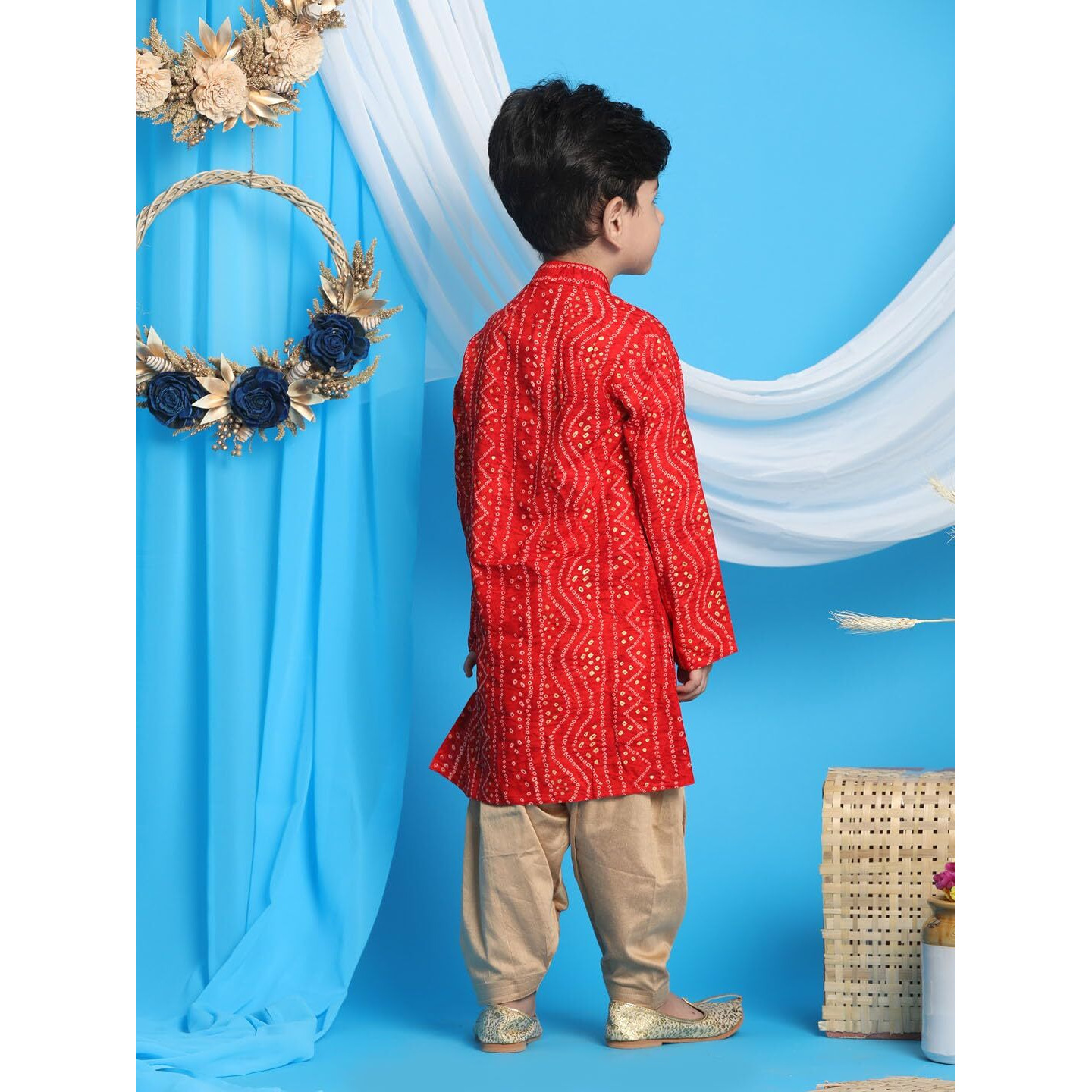 VASTRAMAY Boys' Maroon and Rose Gold Kurta Patiala Set | Gold Bandhani And Foil Print Rayon Kurta With Pyjama for Navratri, Diwali & Festive Celebrations - Stylish and Comfortable Indian Outfit
