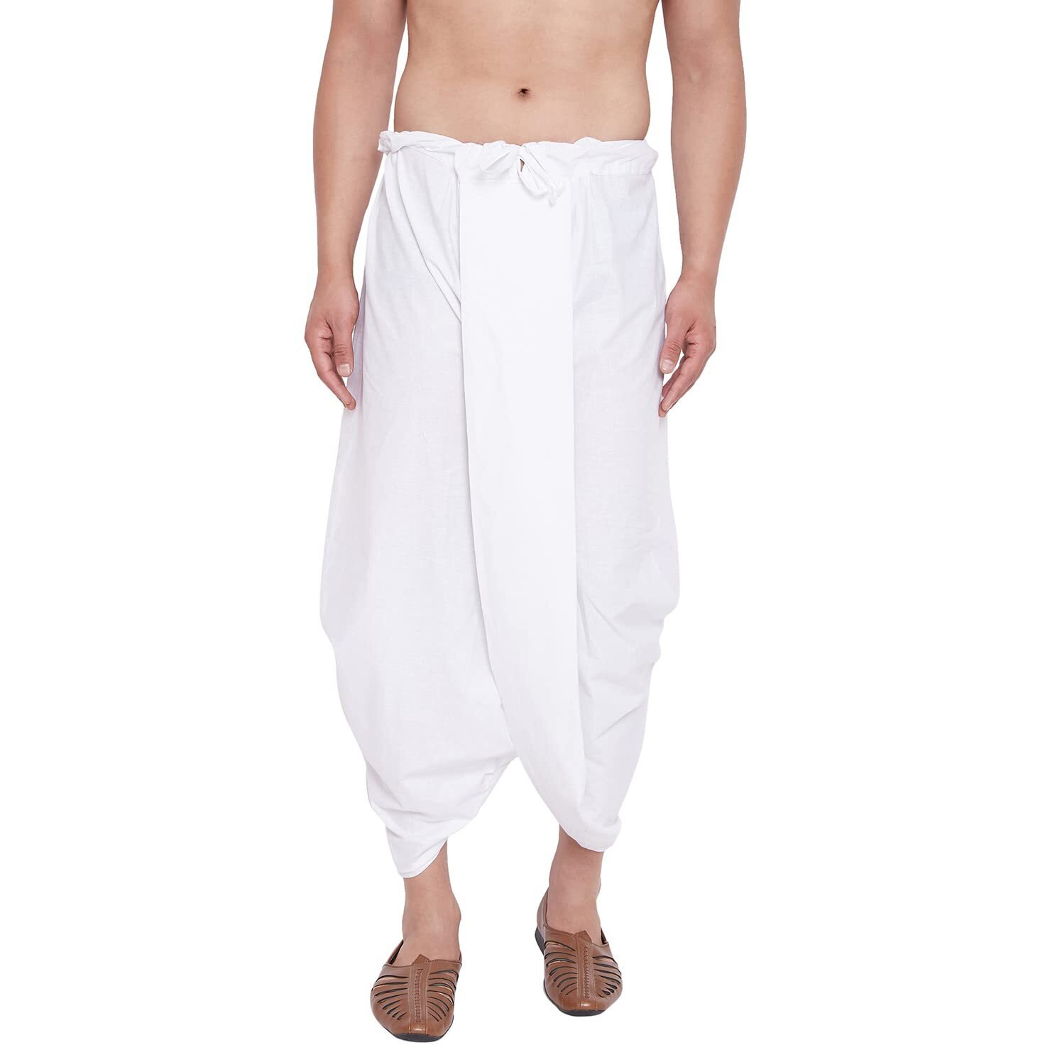 VASTRAMAY Men's White Pure Cotton Ready-to-Wear Dhoti Traditional Pattern with Drawstring Waistband for Festive, Wedding, and Casual Wear