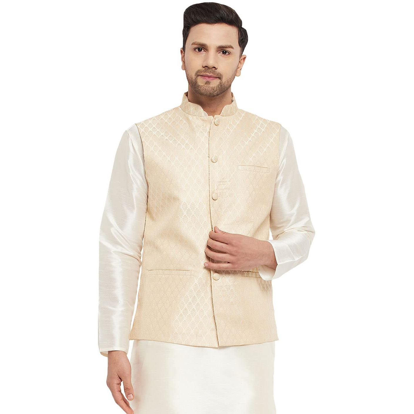 VASTRAMAY VM Mens Silk Blend Cream Nehru Jacket - Timeless Style & Versatility | Banarasi Brocade Woven Jaquard Modi Jacket | Ethnic Sleeveless Coat for Formal & Casual Wear_VASMJ005CR_44