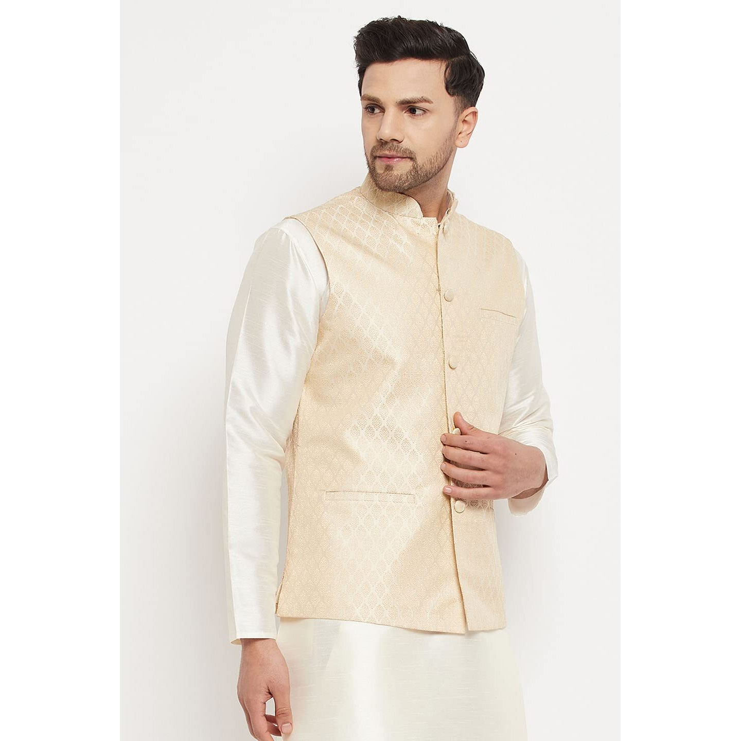 VASTRAMAY VM Mens Silk Blend Cream Nehru Jacket - Timeless Style & Versatility | Banarasi Brocade Woven Jaquard Modi Jacket | Ethnic Sleeveless Coat for Formal & Casual Wear_VASMJ005CR_44