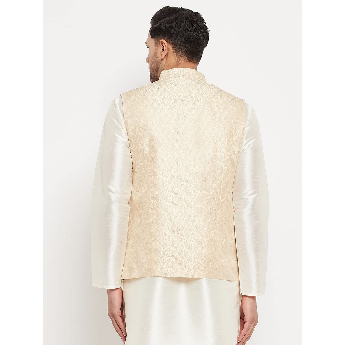 VASTRAMAY VM Mens Silk Blend Cream Nehru Jacket - Timeless Style & Versatility | Banarasi Brocade Woven Jaquard Modi Jacket | Ethnic Sleeveless Coat for Formal & Casual Wear_VASMJ005CR_44