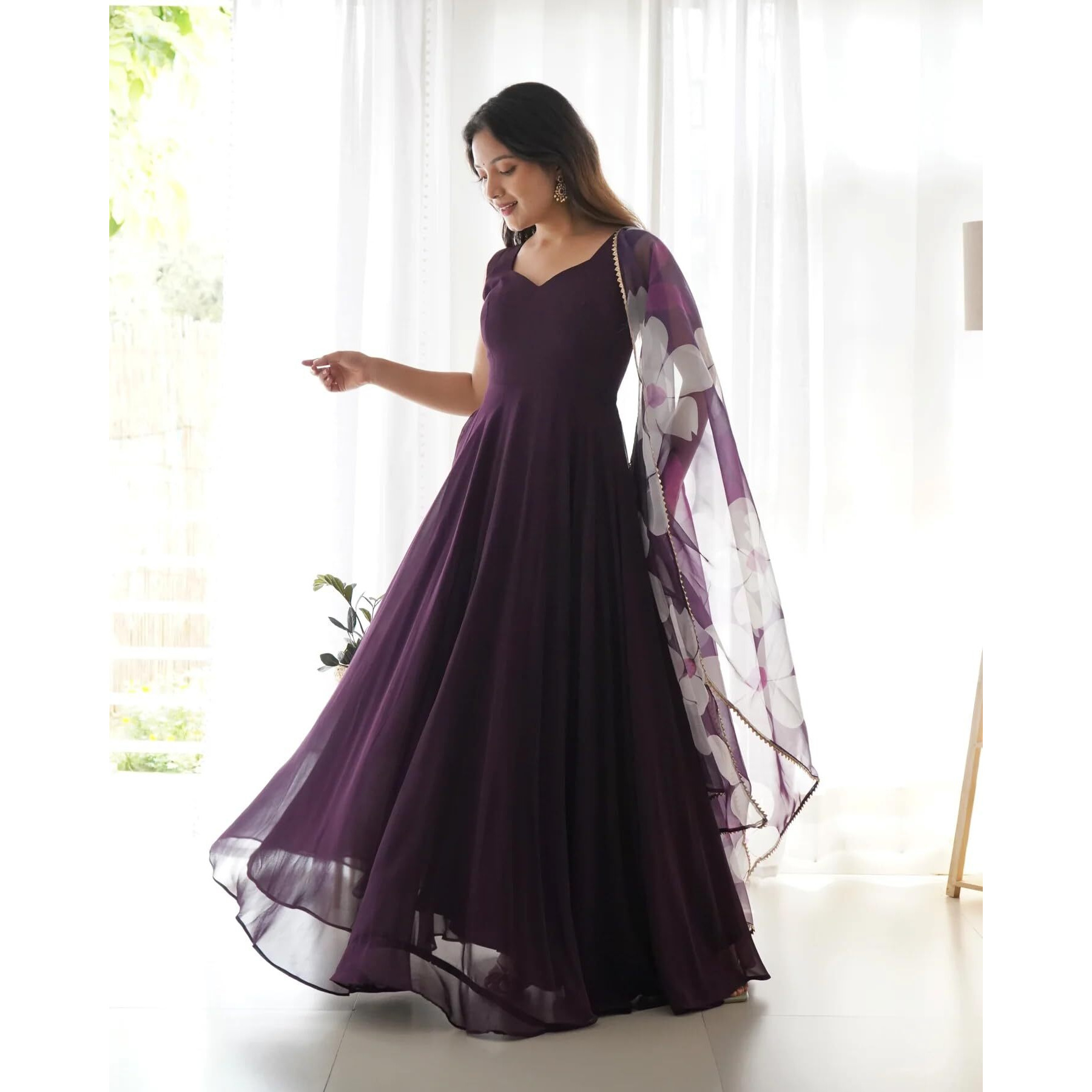Wedani Women Floral Print Anarkali Kurta with Pant and Duptta (X-Large, Purple)