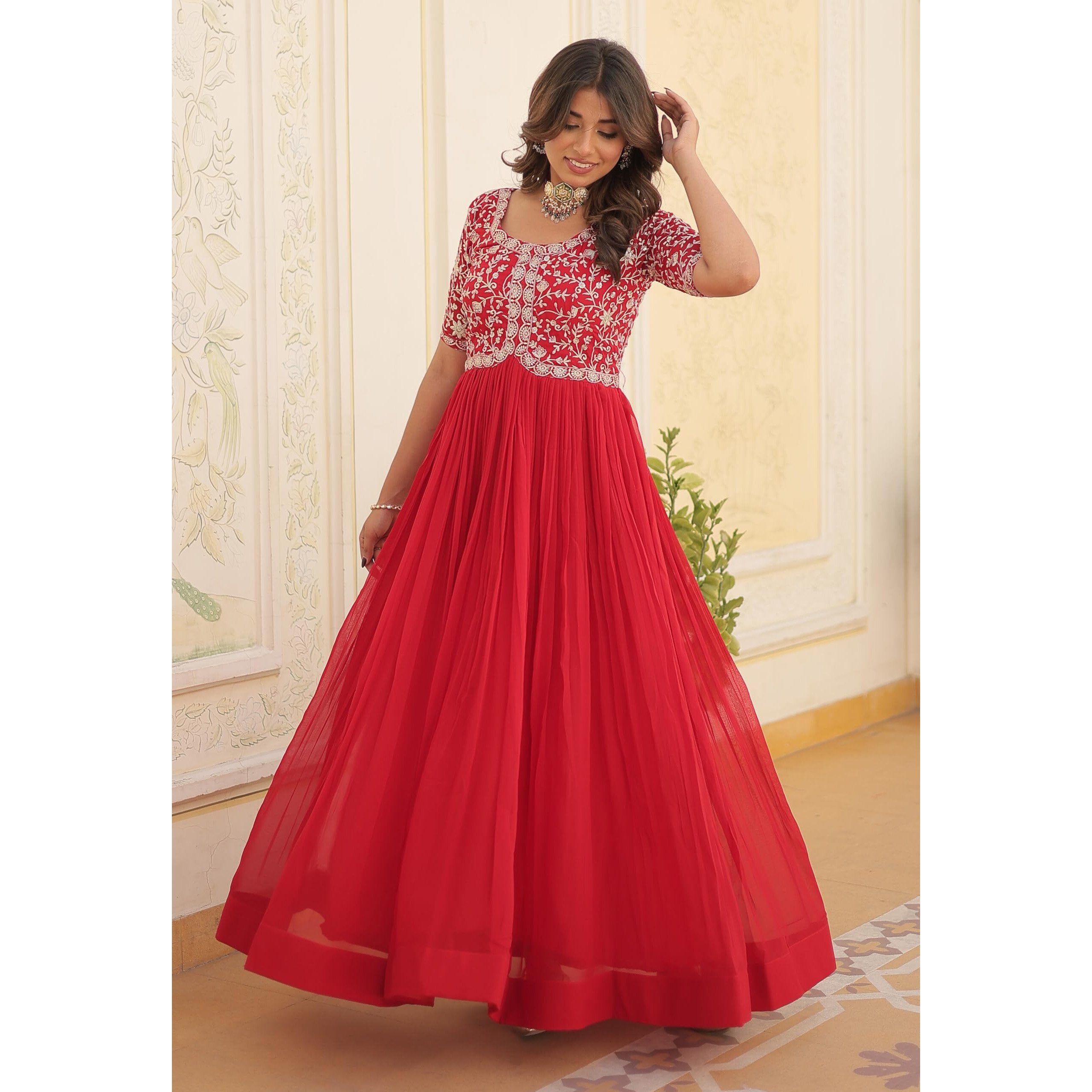 Wedani Georgette Anarkali Gown with Embroidered Top for Women (in, Alpha, 2XL, Regular, RED)
