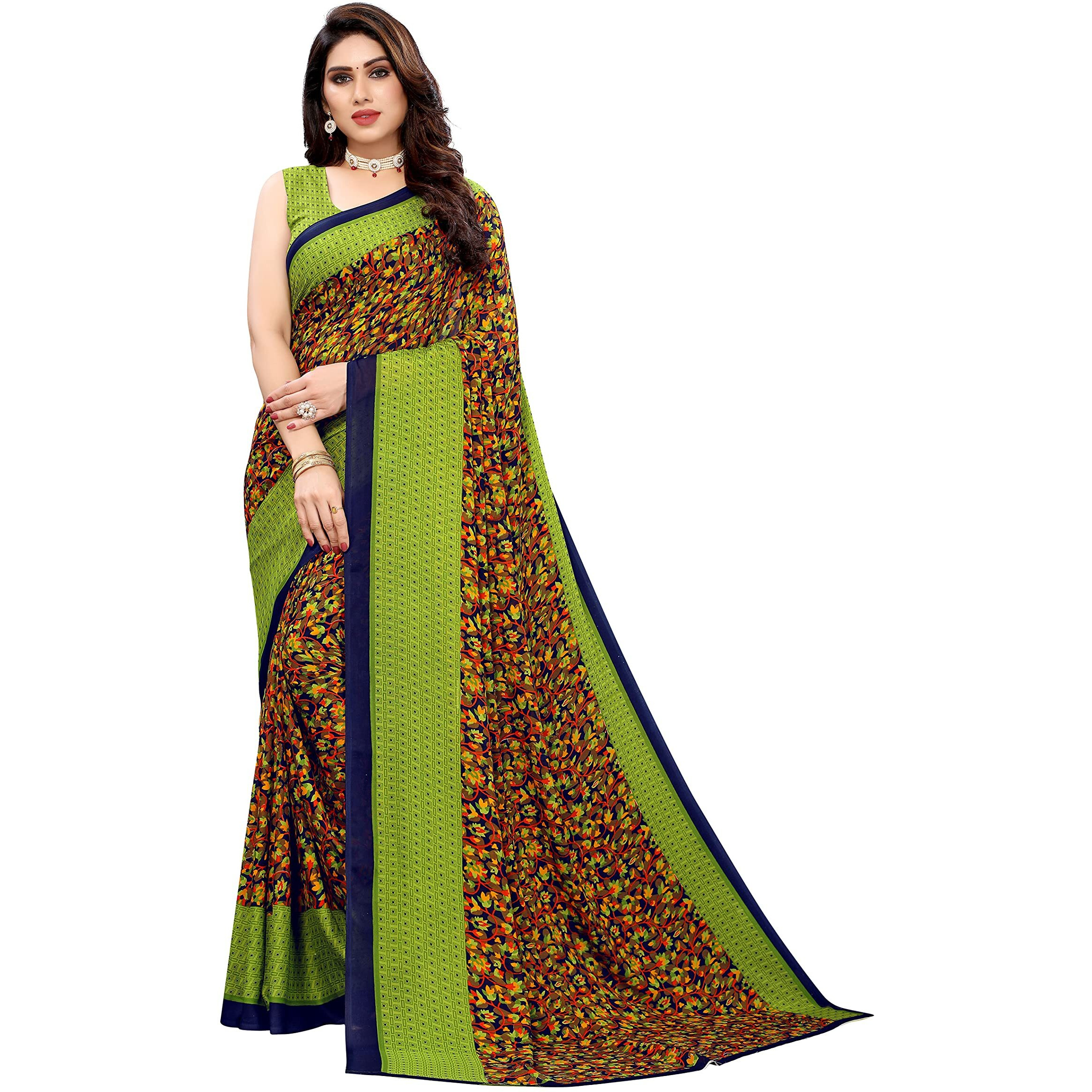 Yashika Women's Pure Georgette Saree With Blouse Piece (Namrata Parrot Green_Parrot Green)