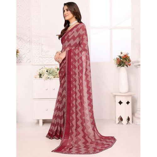 Yashika Women's Woven Latest Georgette and Hot Fix Lace Saree with Unstitched Blouse Material (AZ-YS-P1-BANDANA-Parent_Maroon)
