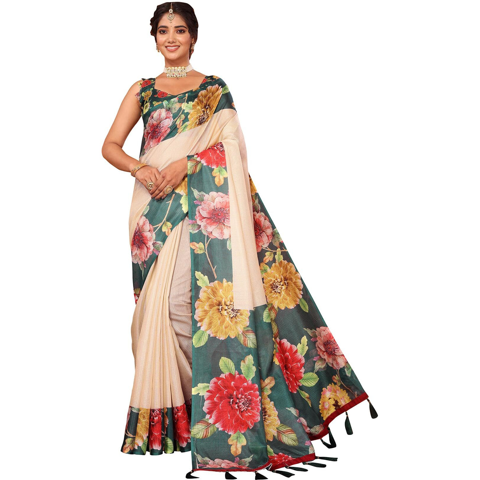 Yashika Digital Print Cotton Silk Kota Checks with Tassels Unstitched Blouse Material Printed Stylish Saree for Women (AZ-YS-P1-KIRTI-Parent_Green)