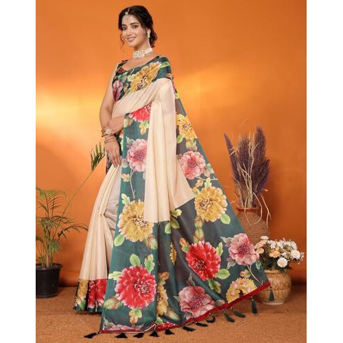 Yashika Digital Print Cotton Silk Kota Checks with Tassels Unstitched Blouse Material Printed Stylish Saree for Women (AZ-YS-P1-KIRTI-Parent_Green)