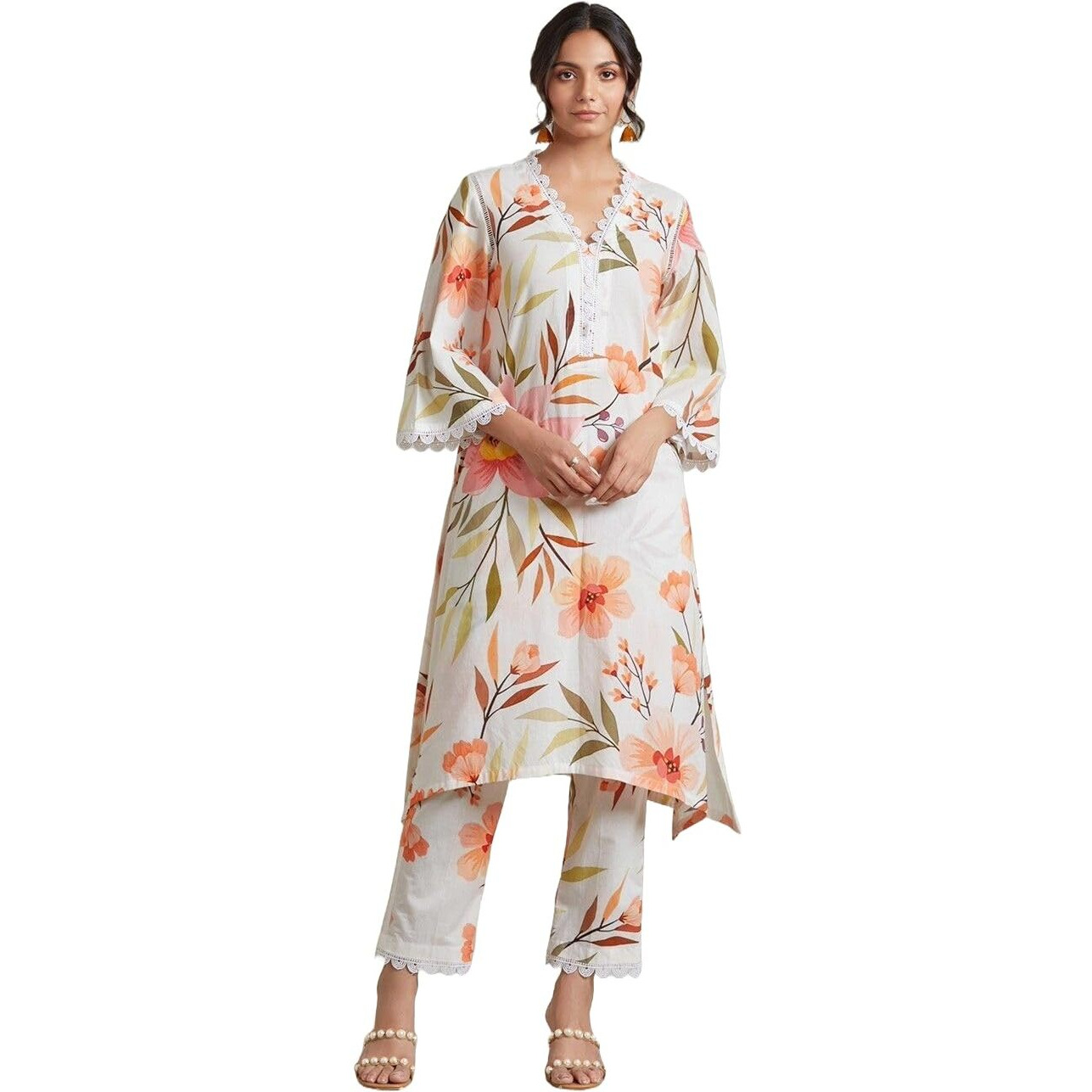 Yashika Women's Regular 3/4 Sleeve Floral Printed Kurti Pant Set, Cotton Blend, Knee Length, Stylish Ethnic Outfit, Office, and Casual Occasions (AZ-YS-OG1-KS2170-Parent_White