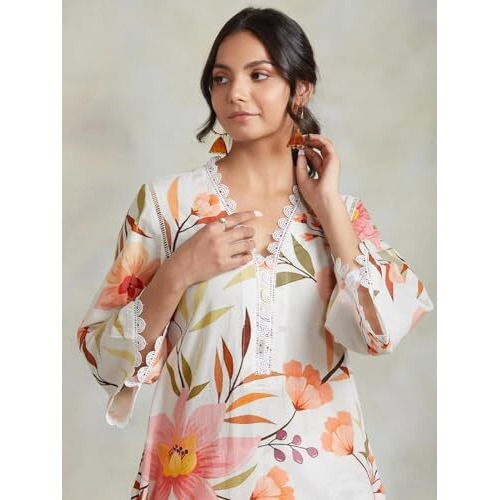 Yashika Women's Regular 3/4 Sleeve Floral Printed Kurti Pant Set, Cotton Blend, Knee Length, Stylish Ethnic Outfit, Office, and Casual Occasions (AZ-YS-OG1-KS2170-Parent_White